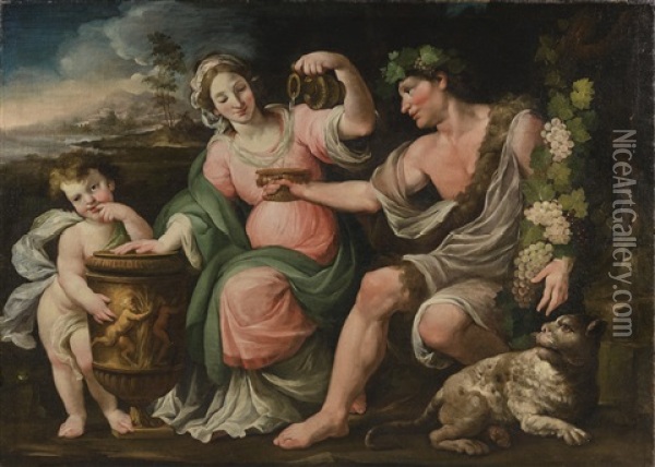 Bacchus, Temperance (?) And Cupid Oil Painting - Giovanni Maria Bottalla