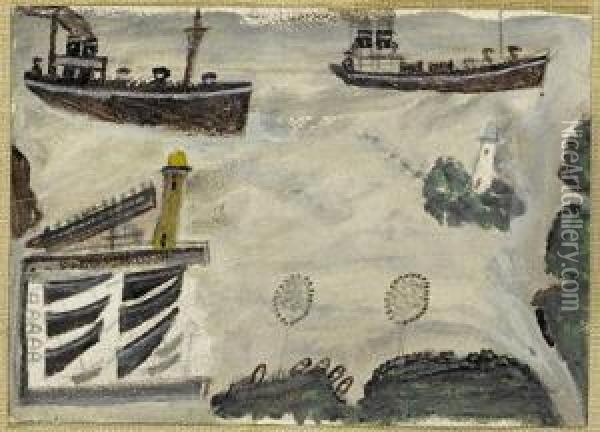 Steamers At Harbour Entrance Oil Painting - Alfred Wallis