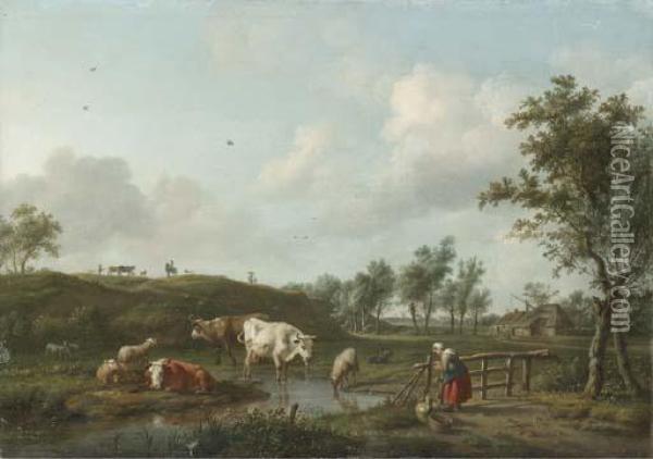 A Landscape With Cows Watering And A Shepherdess Mending A Fence Oil Painting - Balthasar Paul Ommeganck