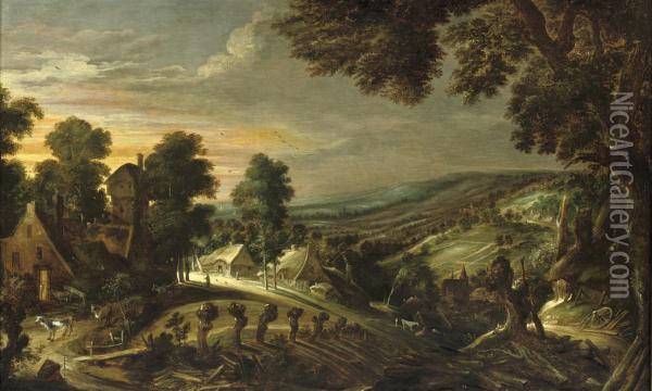 An Extensive Hilly Landscape With Farmsteads Oil Painting - Kerstiaen De Keuninck The Elder