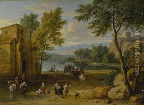 An Italianate River Landscape With Wagons, Figures, Animals, And A Ferry Oil Painting - Adriaen Frans Boudewyns the Younger