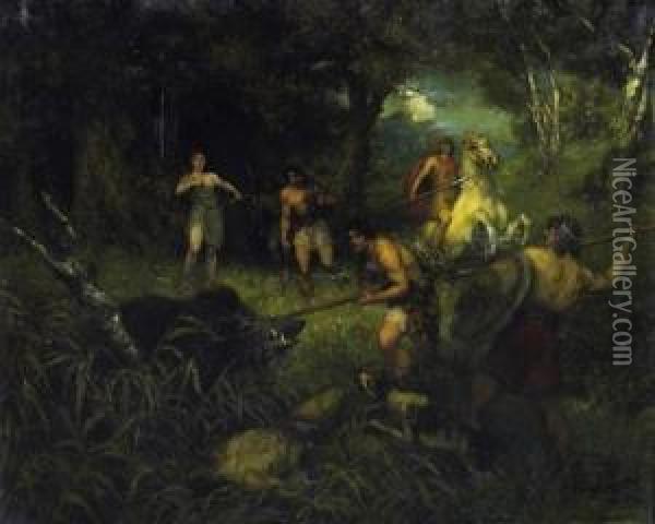 Wild Boar Hunt. Signed Bottom Right: Ferdinand Leeke Munchen Oil Painting - Ferdinand Leeke