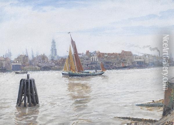 Running Up The River On The Tide And Passing Limehouse Oil Painting - Charles Napier Hemy