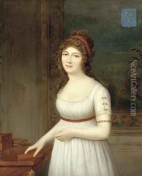 Portrait of a lady, three quarter-length, standing in an interior wearing a white empire style dress, her hand on a book Oil Painting - French School