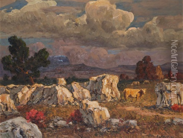 Paesaggio Carsico Con Mucche Al Pascolo Oil Painting - Ugo Flumiani