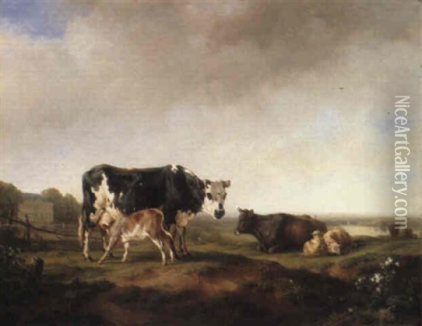 Cattle Before A French Chateau Oil Painting - Jacques Raymond Brascassat