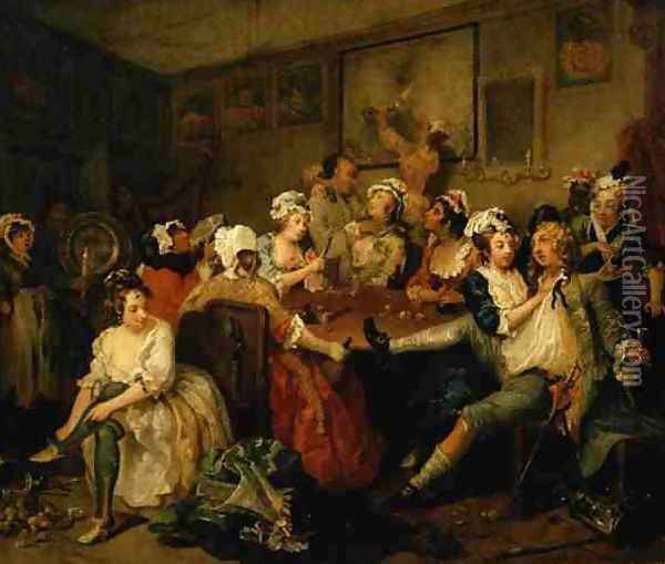 A Rakes Progress III The Rake at the Rose Tavern Oil Painting - William Hogarth