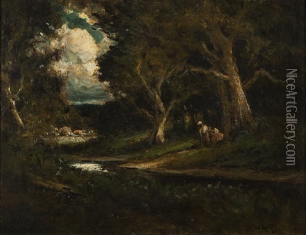 Figures, Stream And Cottages In A Wooded Glade Oil Painting - William Keith