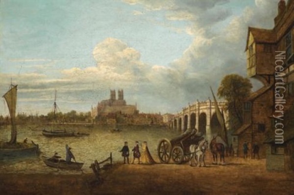 A View Of Westminster Bridge, Abbey And Hall From Stangate Bank, Lambeth Oil Painting - John Paul
