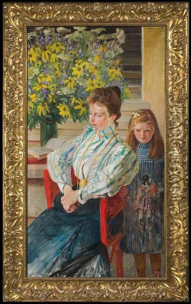 Portrait Of Mrs Nowak With Daughter Oil Painting - Jacek Malczewski
