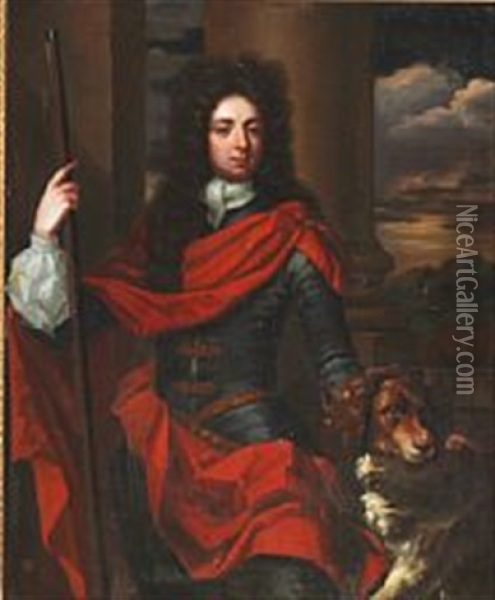 Portrait Of An English Nobleman With A Dog And A Gun In His Right Hand Oil Painting - Michael Dahl