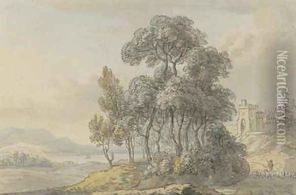 A shepherd driving his flock before a Scottish castle Oil Painting - Paul Sandby