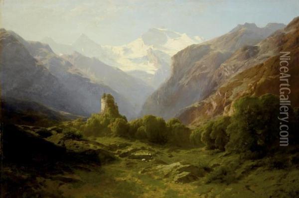 Ruine Unspunnen Vor Dem Blick Auf Eiger, Monch Und Jungfrau Oil Painting - Alexandre Calame
