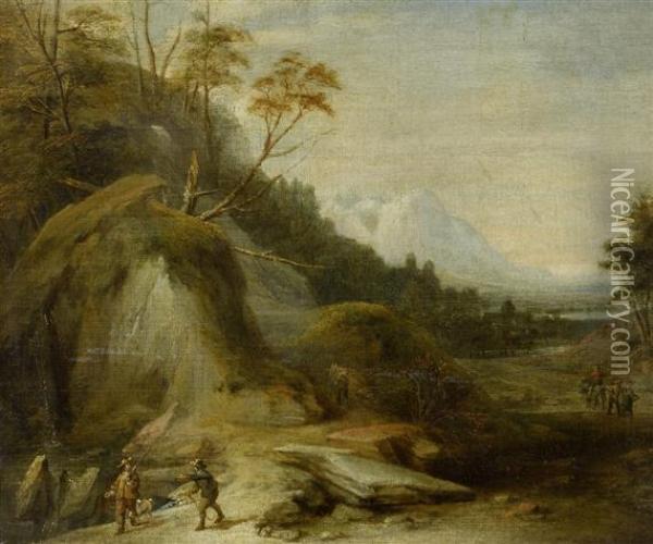 Two Walkers In A Rocky Landscape Oil Painting - Joos De Momper