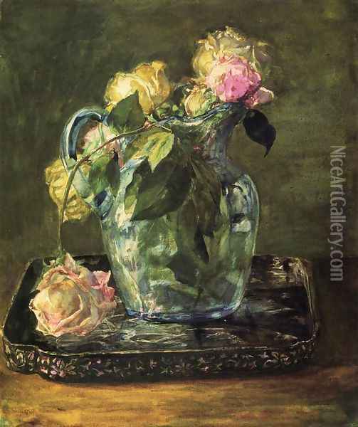 Roses In Blue Crackle Glass Pitcher Oil Painting - John La Farge