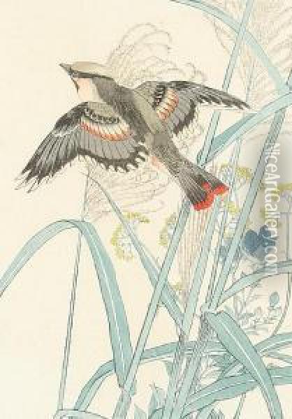 A Bird Flying Amongst Reeds Oil Painting - Imao Keinen