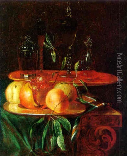 Still Life Of Peaches On A Silver Plate And Glass Beakers And Bottles On A Ledge Oil Painting - Cristoforo Munari