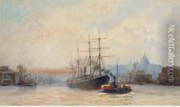 Towing Down River In The Pool Of London Oil Painting - Hubert James Medlycott