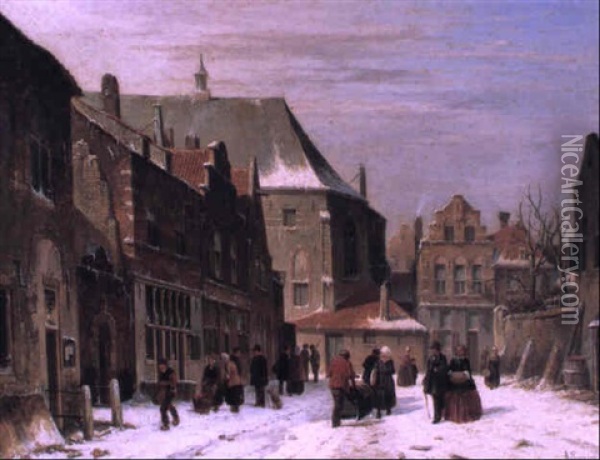 Figures In A Dutch Street, Winter Oil Painting - Adrianus Eversen