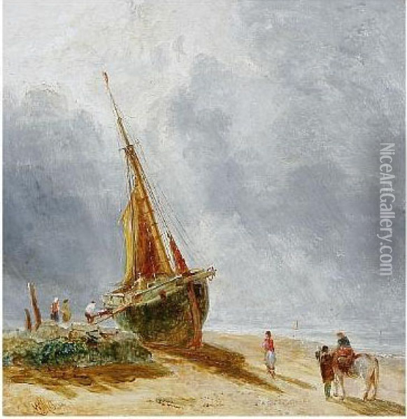 Figures Loading A Beached Boat On Hoylake Shore Oil Painting - William Joseph Caesar Julius Bond