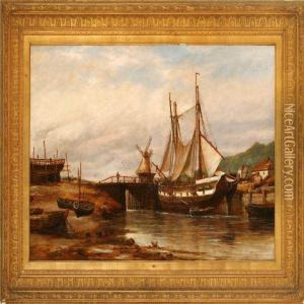 View Of A River With Sailing Ships At A Lock Oil Painting - Richard Henry Nibbs
