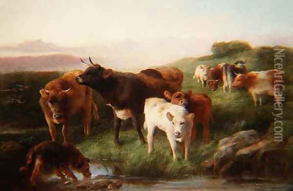 Highland cattle grazing Oil Painting - George W. Horlor