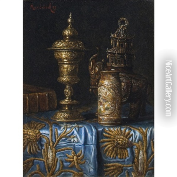 A Still Life Of Objects On A Tabletop Oil Painting - Max Schoedl