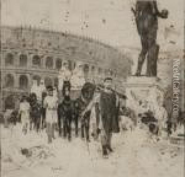 La Marcia Innanzi Al Colosseo Oil Painting - Raffaelo Sorbi
