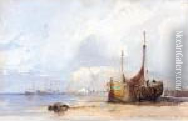 Figures Unloading Fishing Boats On The Shore Oil Painting - William James Muller