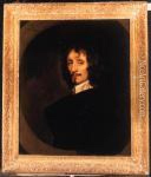 Portrait Of A Gentleman, Quarter-length, In A Black Cloak And Whitecollar, Feigned Oval Oil Painting - Sir Peter Lely