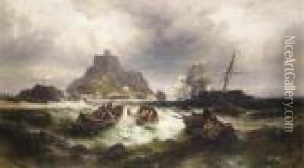 Salvaging A Shipwreck Off St. Michael's Mount Oil Painting - Theodor Alexander Weber