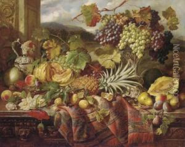 Still Life With Peaches, A 
Pomegranate, Grapes In A Tazza, A Pineapple, An Orange, Plums And Pears,
 Amongst Roses, Poppies And Vines On A Carved Oak Chest, Draped With A 
Rug, A Landscape Beyond Oil Painting - William Duffield