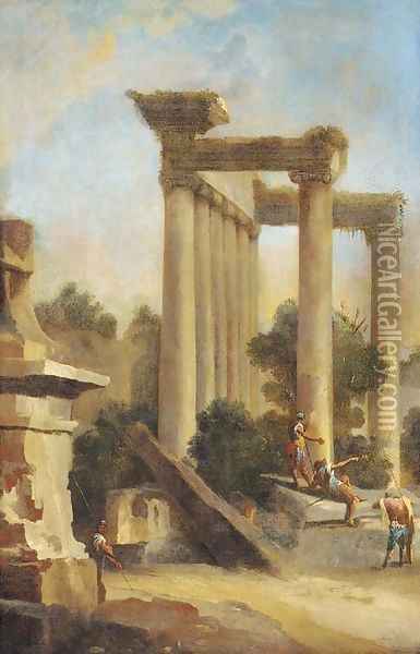 Soldiers conversing amongst classical ruins Oil Painting - Giovanni Paolo Pannini