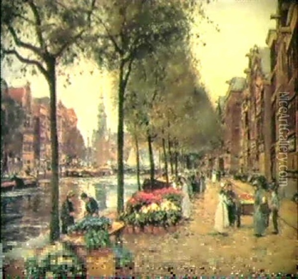 Blumenmarkt An Der Gracht Oil Painting - Heinrich Hermanns