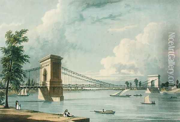 Suspension Bridge, Hammersmith, from Ackermann's Microcosm of London, engraved by J. Baily, 1828 Oil Painting - William Westall