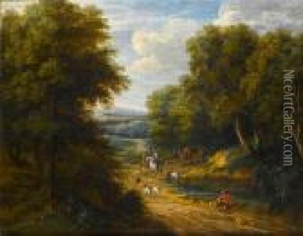 A Wooded Landscape With Elegant Figures Onhorseback And Their Hounds On A County Path Oil Painting - Peeter Bout