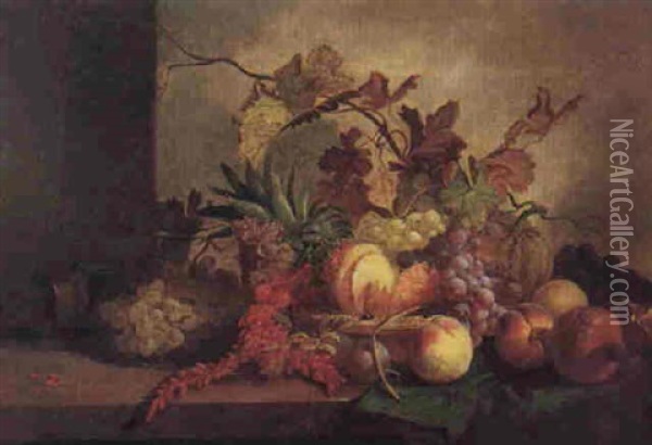 Still Life Of Fruit In A Gold Salver Resting On A Draped Marble Ledge Oil Painting - George Lance
