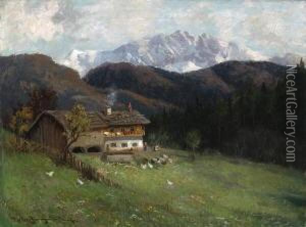 Bauernhaus In
 Gebirgslandschaft. Oil Painting - Karl Muller-Baumgarten