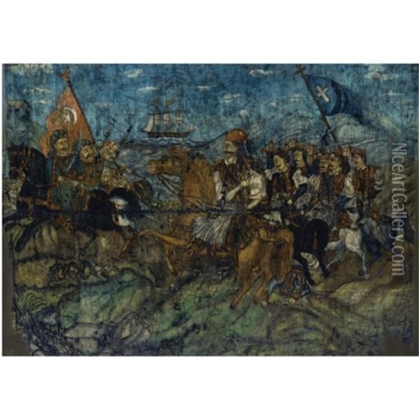Karaiskakis At The Battle Of Faliron, 22 April 1826 Oil Painting - Theofilos Hadjimichail