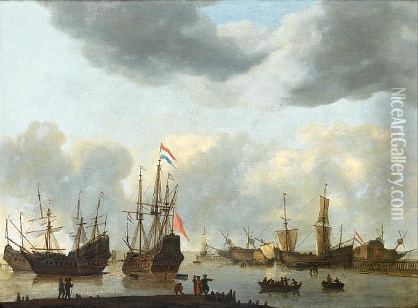 Dutch Shipping In Calm Sees Under A Stormy Sky Oil Painting - Regnier Remigius Zeeman /
