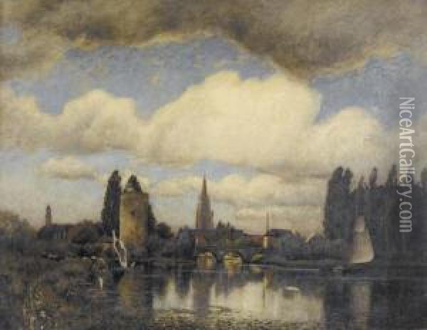 Flussuferpartie Mit Stadt. Oil Painting - Charles Francois Vuillermet