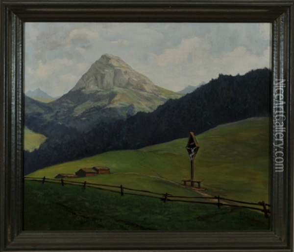 Bayerisches Marterl Am Wegesrand Mit Blick In Eine Weite Berglandschaft Oil Painting - Felix Hollenberg
