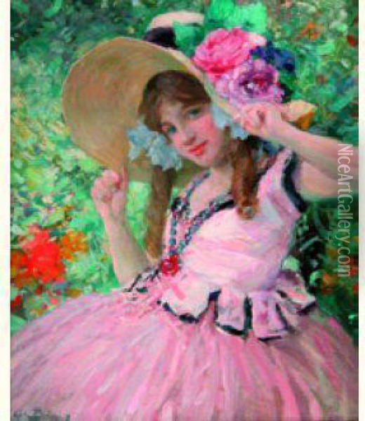 Jeune Femme Au Chapeau A Fleurs Dans Un Paysage  Oil Painting - Gennaro Befanio