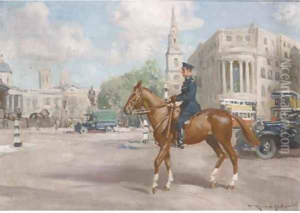 A mounted policeman in Trafalgar Square Oil Painting - Reginald Mills