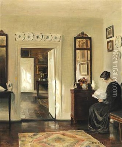 Interior With The Painter's Wife Reading Oil Painting - Carl Vilhelm Holsoe