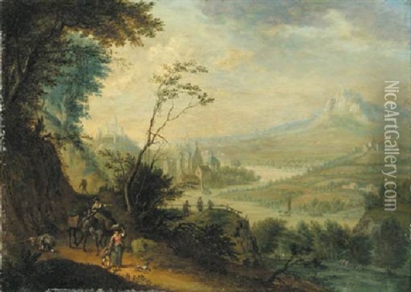 An Extensive River Landscape With Travelers On Path, A House And Church Beyond Oil Painting - Peter Gysels