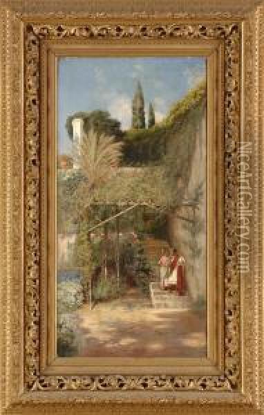 Bluhender Garten Auf Capri. Oil Painting - Peter Conrad Schreiber