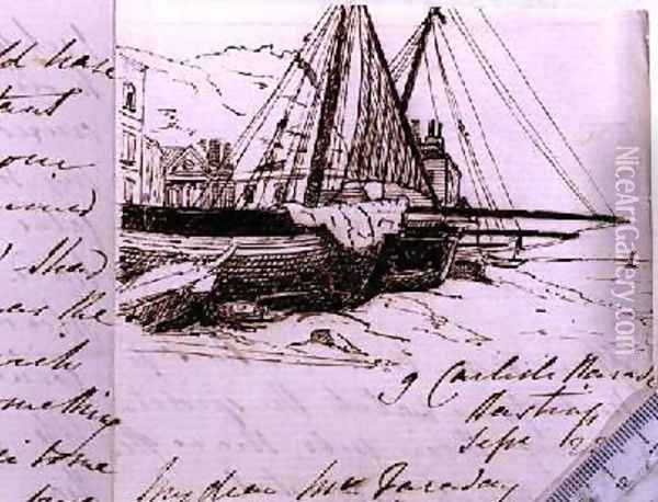 Vignette of fishing boats at Hastings a sketch in a letter to Michael Faraday Oil Painting - Harriet Jane Moore