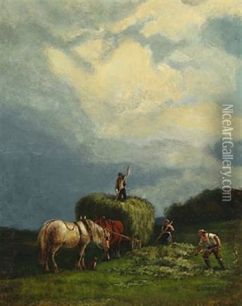Harvest Scene With Storm Clouds Brewing Oil Painting - Edvard Michael Jensen
