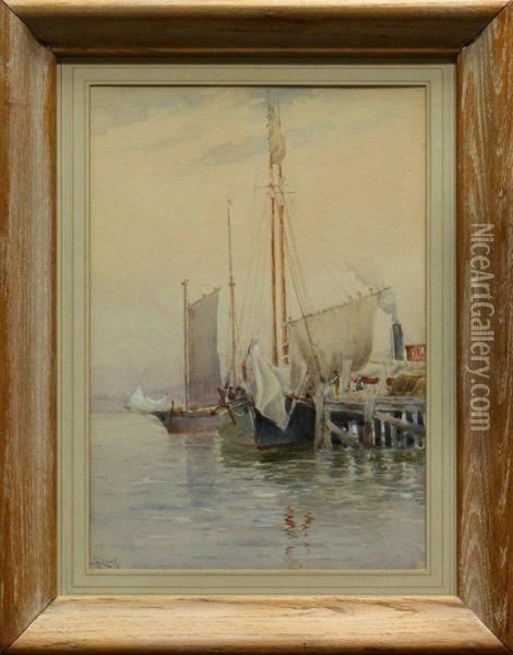 Harbor Scene Oil Painting - John A. Cook